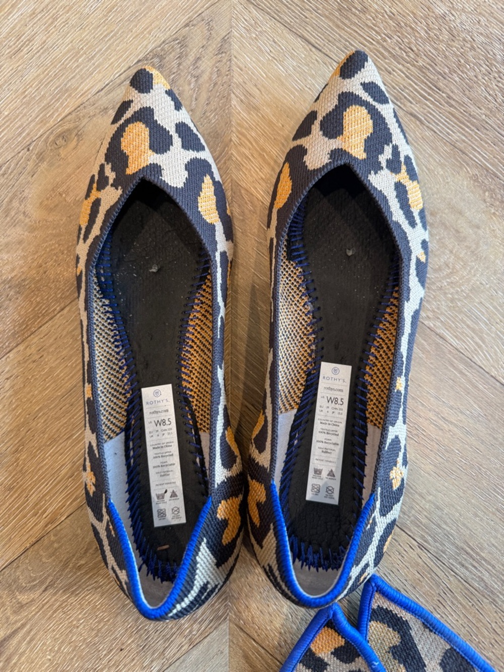 Rothy's Leopard Print Pointed Toe Flats in Black and Tan - Picture 5 of 12